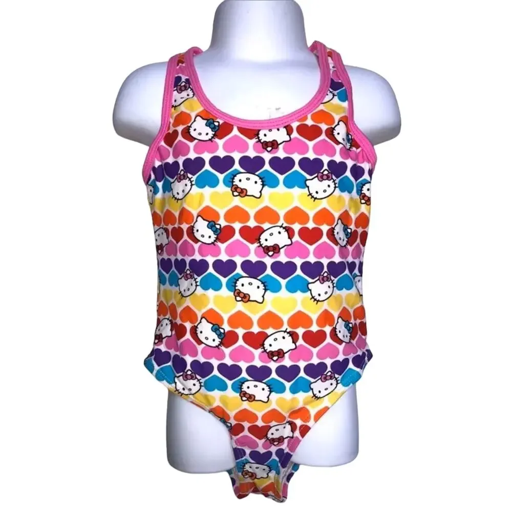Girls 4 Hello Kitty Bright Rainbow Heart One Piece Racerback Swimsuit Swimwear